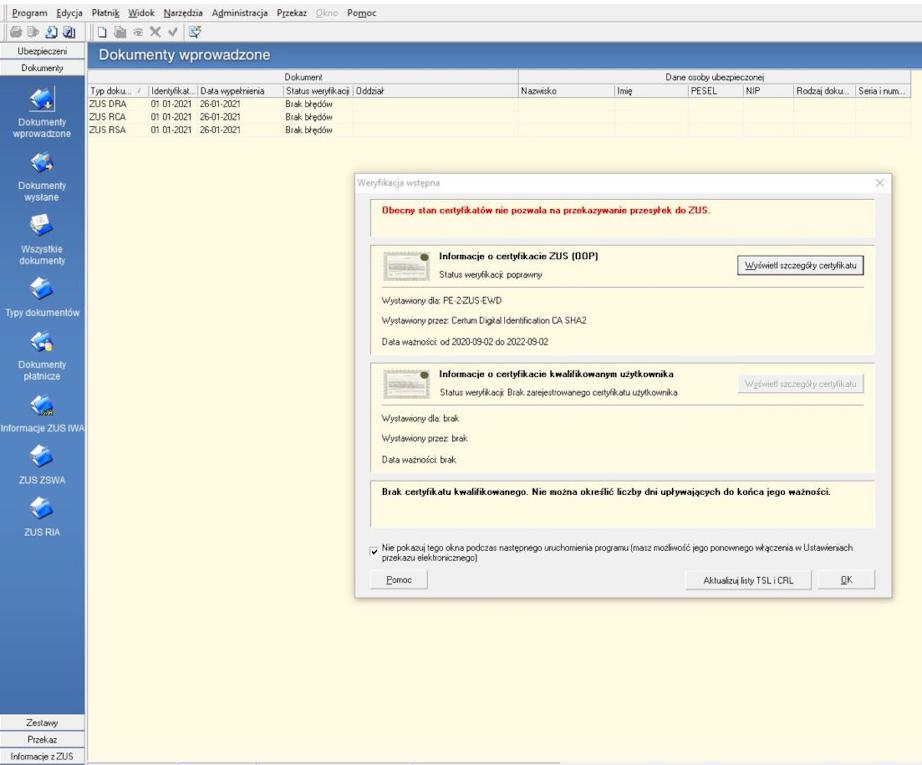 Obecny stan certyfikatów nie pozwala na przekazywanie przesyłek do ZUS